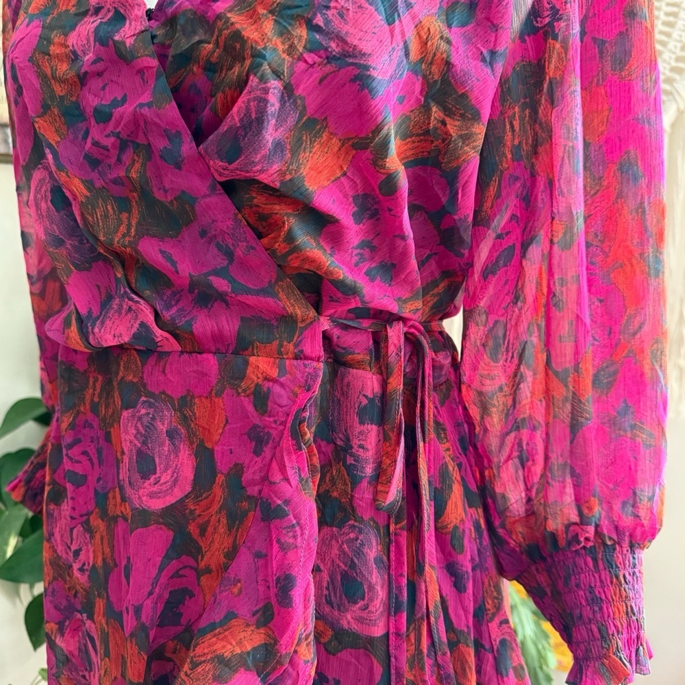 Esqualo Fuchsia Dress Chiffon Floral Wrap Ruffled Layered Balloon Sleeves Size 8 - Picture 5 of 10